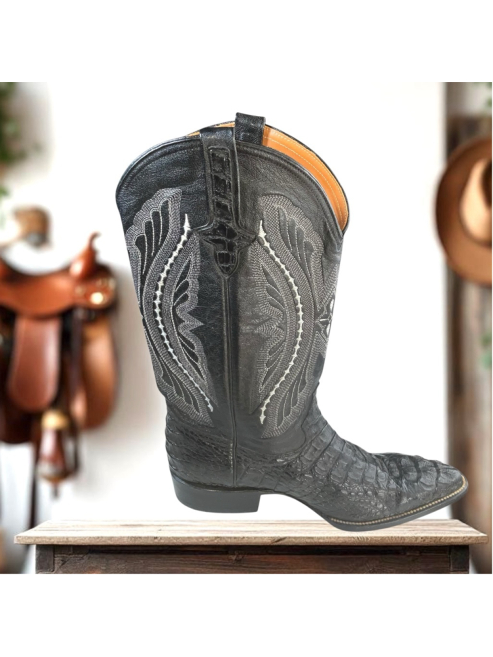 Ferrini Caiman Cayman Crocodile Leather Black/White Left Boot Amputee Men 8.5D